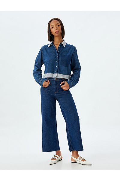 Koton Long Sleeve Pocket Detailed Crop Jeans Shirt - Classic Collar