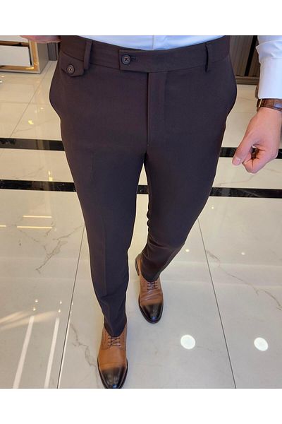 TerziAdemAltun Italian Style Slim Fit Thick Fabric Men's Trousers Brown T9899