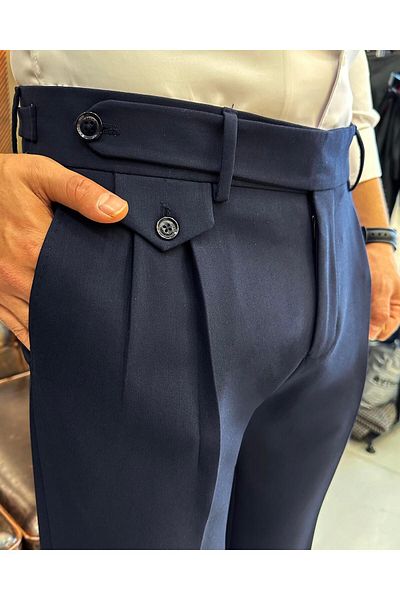 TerziAdemAltun Italian Style Slim Fit Men Pleated Fabric Pants Navy Blue T5288