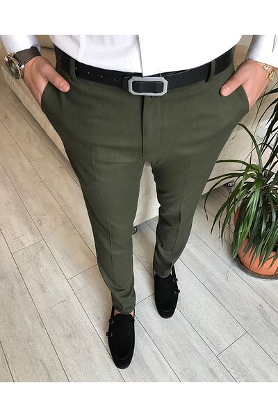 TerziAdemAltun Italian Style Slim Fit Men's Fabric Trousers Green T6533