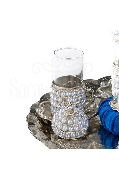 Saray Ottoman handicraft Elegant Pearl and Stoned Tea Cup Set 6 Pieces and Tray with Tulip Pattern - Plain White