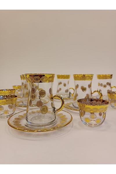 Saray Ottoman handicraft Exclusive Gold Çay Lüks Seti 18 Parça Papara Kulplu ...
