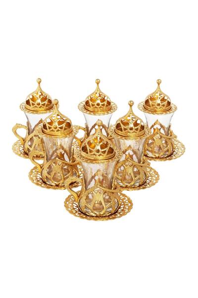 Saray Ottoman handicraft 6'lı Kulplu Çay Seti Sarı Gruplar