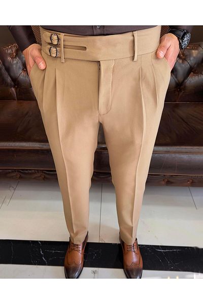 TerziAdemAltun Italian cut belt pleated camel fabric trousers T10802