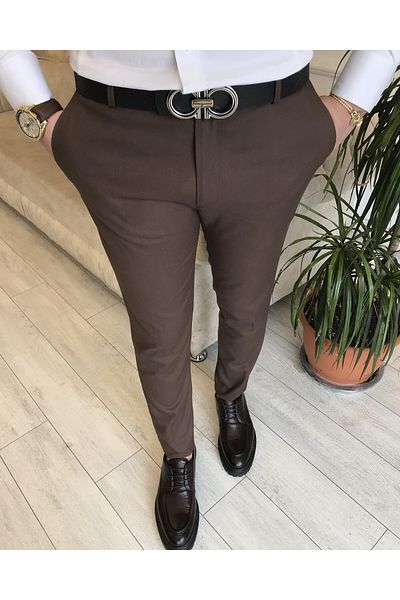TerziAdemAltun Italian Style Slim Fit Men's Fabric Trousers Brown T4911