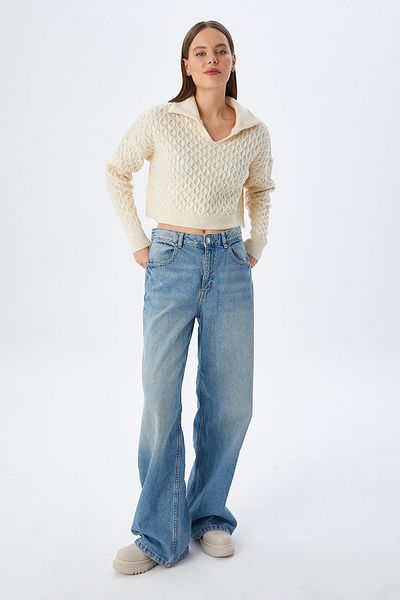 Mixray 6896 Women's Knitted Detailed Crop Knitwear Sweater Natural