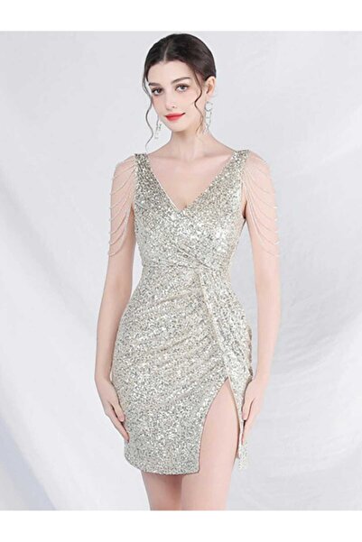 Genel Markalar V YAKA YIRTMAÇLI KOL TAŞ DETAYLI PUL PAYET MİNİ ELBİSE