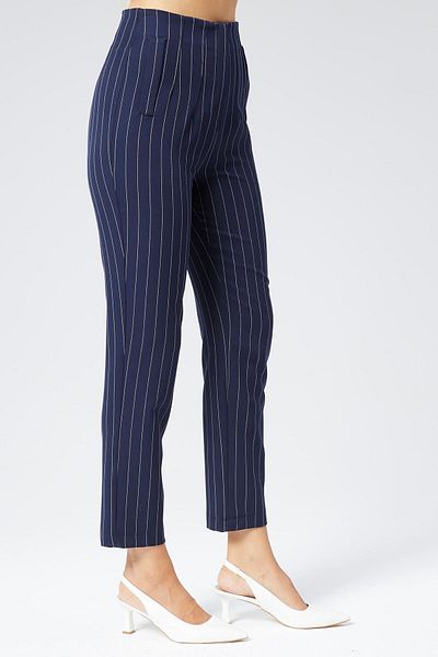 Appleline High Waist and Pocket Ankle Length Striped Women's Trousers - Navy Blue