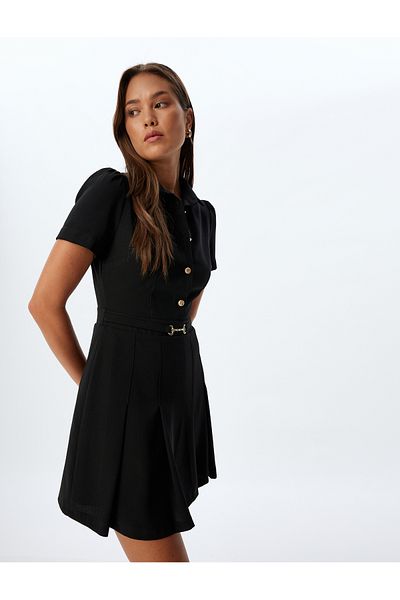 Koton Pleated Mini Dress Short Sleeve Shirt Collar Buttoned Belt Slim Fit