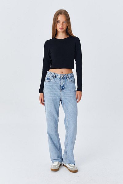 Mixray 6727 Women's Crew Neck Crop Knitwear Sweater Black