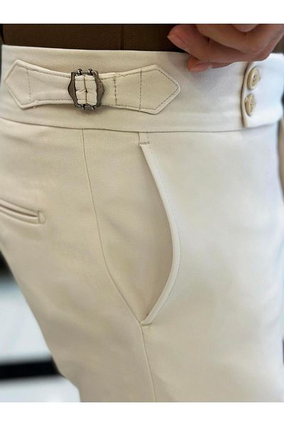 TerziAdemAltun Italian style slim fit waist detailed men's trousers ecru T10562