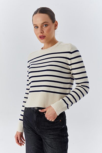Mixray 6762 modell Yumoş texturált, természetes csíkos női kötöttáru pulóver