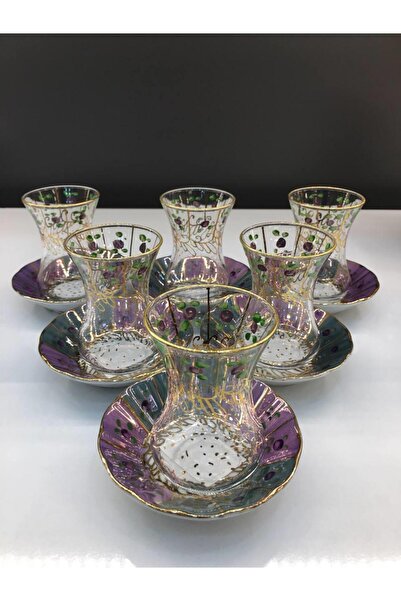 Saray Ottoman handicraft Morpi 6'lı Desenli Cam & Porselen Çay Seti