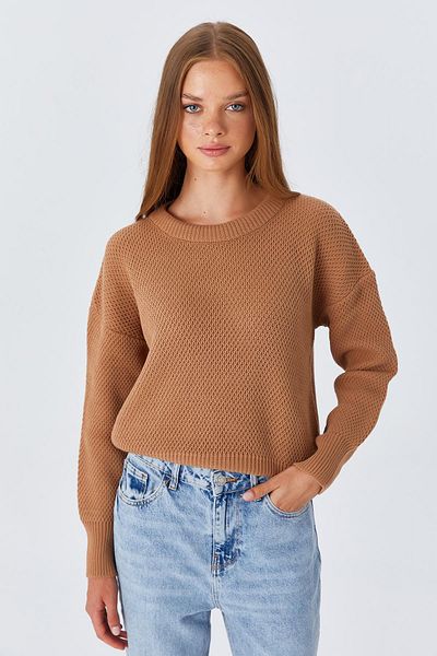 Mixray 6795 Model Camel Crop Knitwear Γυναικείο πουλόβερ - Κυψελοειδή μοτίβο
