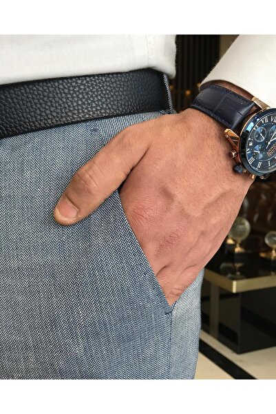 TerziAdemAltun Italian Cut Slim Fit Herringbone Pattern Men's Trousers Blue T9460