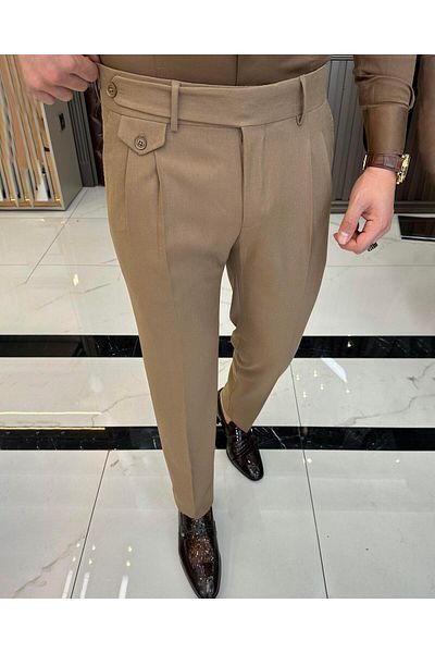TerziAdemAltun Pantaloni slim fit pentru bărbați în stil italian Camel T10797