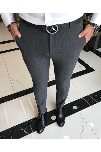 TerziAdemAltun Italian style slim fit men's fabric trousers anthracite T9722