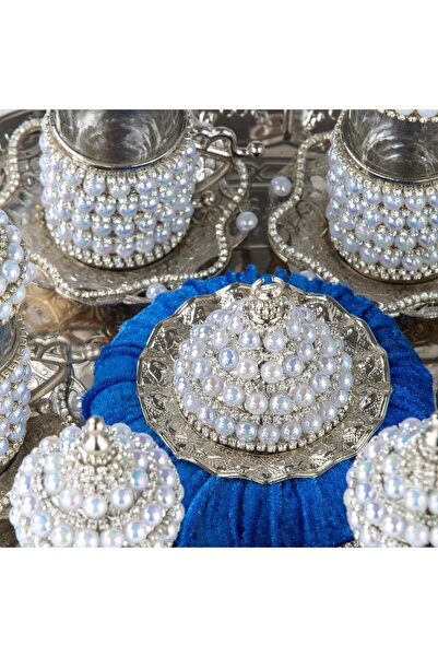 Saray Ottoman handicraft Elegant Pearl and Stoned Tea Cup Set 6 Pieces and Tray with Tulip Pattern - Plain White