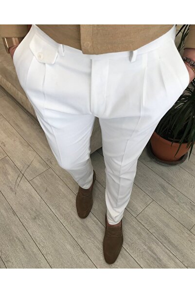 TerziAdemAltun Ανδρικό υφασμάτινο παντελόνι ιταλικού στυλ S εφαρμοστό Λευκό T5290