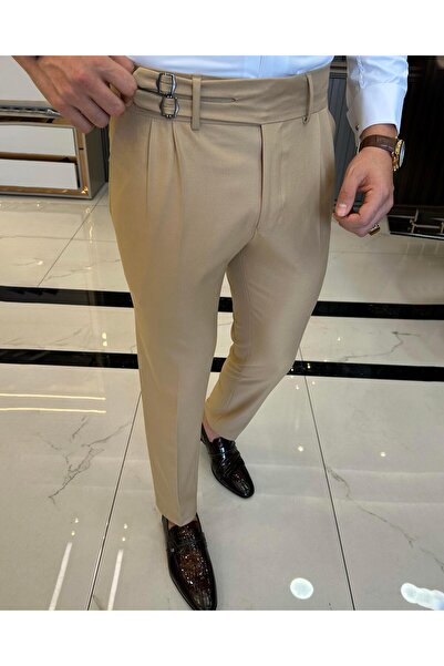 TerziAdemAltun بنطلون رجالي من القماش بحزام إيطالي مطوي الخردل T5821