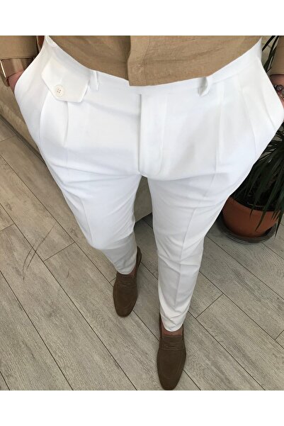 TerziAdemAltun Ανδρικό υφασμάτινο παντελόνι ιταλικού στυλ S εφαρμοστό Λευκό T5290