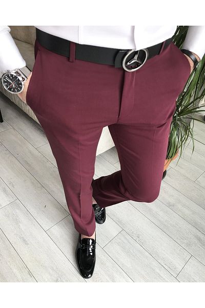 TerziAdemAltun Italian Style Slim Fit Men's Fabric Trousers Claret Red T6735