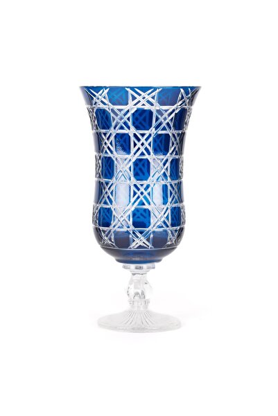 Saray Ottoman handicraft Safir Büyük Cam Vazo, Hasır Desenli Cam Vazo, Mavi C...