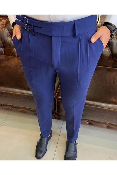 TerziAdemAltun Italian Cut Belted Pleated Blue Fabric Trousers T8846