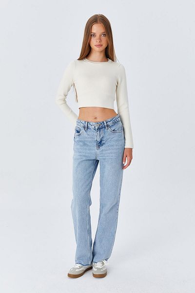 Mixray 6727 Model Natural Color Women's Crop Knitwear Sweater - Crew Neck