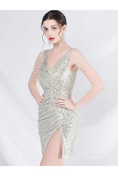 Genel Markalar V YAKA YIRTMAÇLI KOL TAŞ DETAYLI PUL PAYET MİNİ ELBİSE