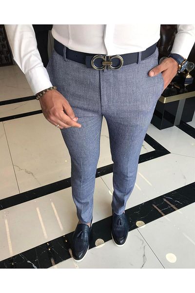 TerziAdemAltun Italian style slim fit men's fabric pants Navy blue T9785