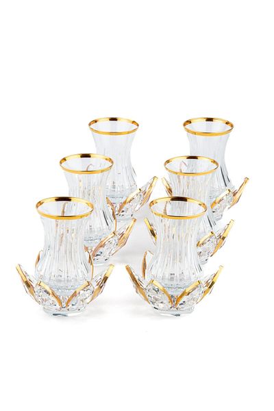 Saray Ottoman handicraft طقم شاي زجاجي مزخرف يدويًا نموذج زنبق الماء ذهبي مذهب