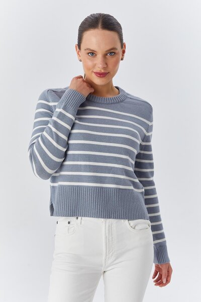 Mixray 6762 Model Pulover de damă cu dungi gri Yumoş