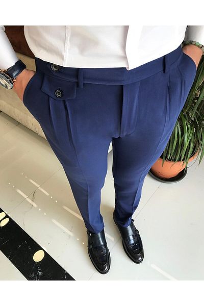TerziAdemAltun Italian Style Slim Fit Men's Pleated Fabric Pants Blue T8848