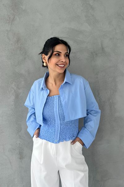 Seda Yalçın Atelier Set cămașă crop cu ghipi albastru