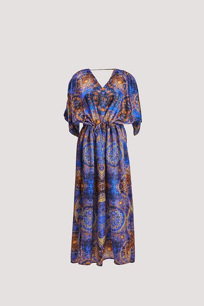 Nomads Felt Mandala Patterned Saks Blue Low-Cut Dress