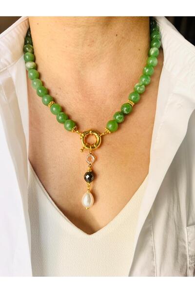 DEVİ fashion قلادة بتصميم حجر العقيق الأخضر الطبيعي