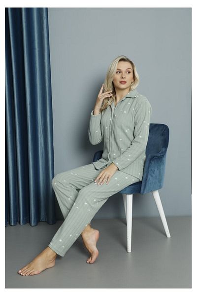 TAMPAP 33005 Shirt Collar Starry Fleece Women's Pajamas Set