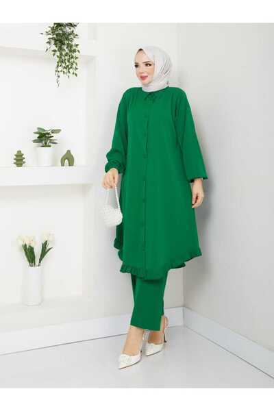 asyadabutik Plus Size Ruffle Detailed Silk Shirt and Trousers Set - Medina