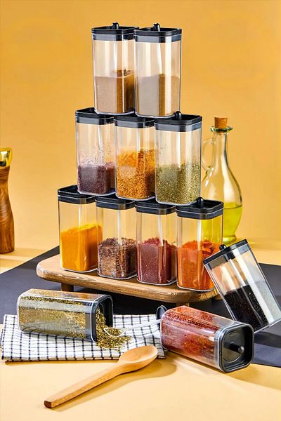 Milenay Crystal Transparent Spice Jar Set with Practical Spoon - 300ml Volume, 12 Pieces