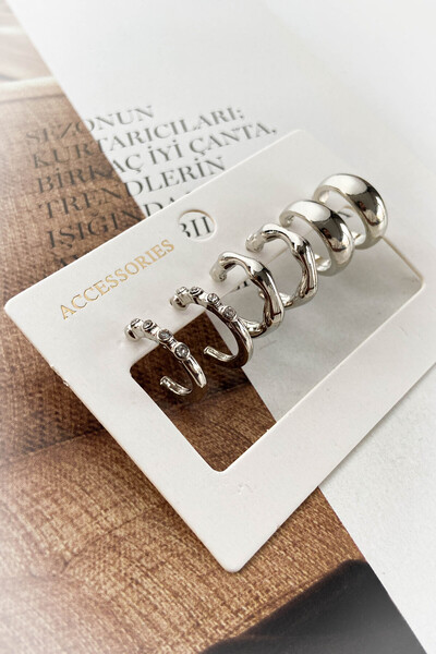 roshel Rodyum Kaplama 3'lü Halka Küpe Seti