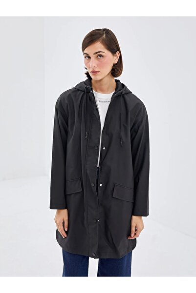LC Waikiki Black Women's Hooded Plain Raincoat