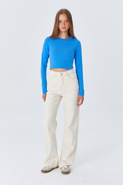 Mixray 6727 Pulover Crop Tricotat Albastru - Decolteu Crew Femei