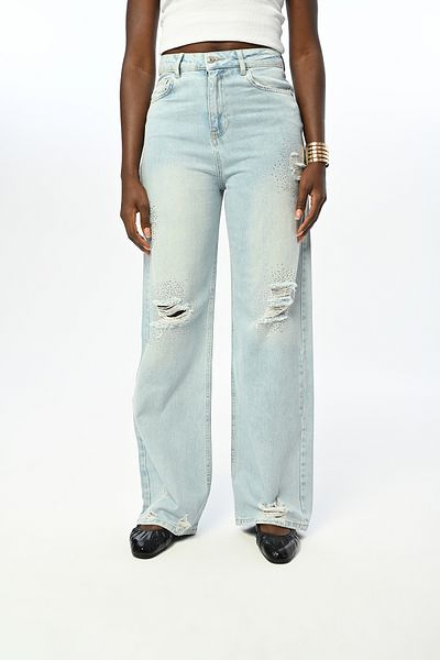 Orfeo Negro PANTALONI DE DENIM ALBASTRU ICE BRODAT DE PIATRA DE DAMA CU DETALIU RASAT
