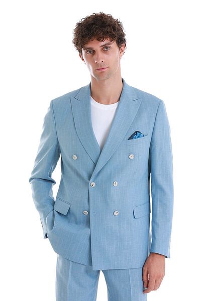 Hatemoğlu Blue Slim Fit Striped Double Breasted Suit