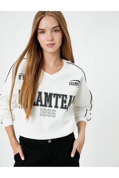 Koton V-Neck Printed College Sweatshirt - Raster and Long Sleeve