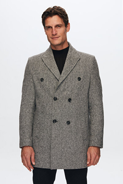 D'S Damat Regular Fit Gri Yakası Çıkartılabilir Kürklü Kruvaze Kaban