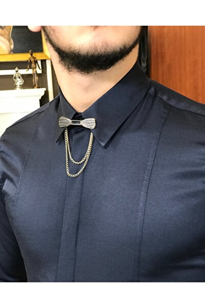 TerziAdemAltun Італійський крій slim fit чоловіча сорочка з ланцюжком з атласу, темно-синя T4802