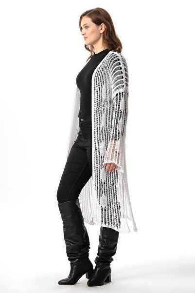 Eliş Şile Bezi Білий Byz - Осінньо-зимовий довгий автентичний трикотажний кардиган, з ажурною обробкою, довгими рукавами