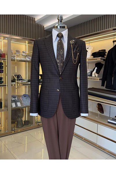 TerziAdemAltun Italian style slim fit mono collar plaid men's jacket brown T10750